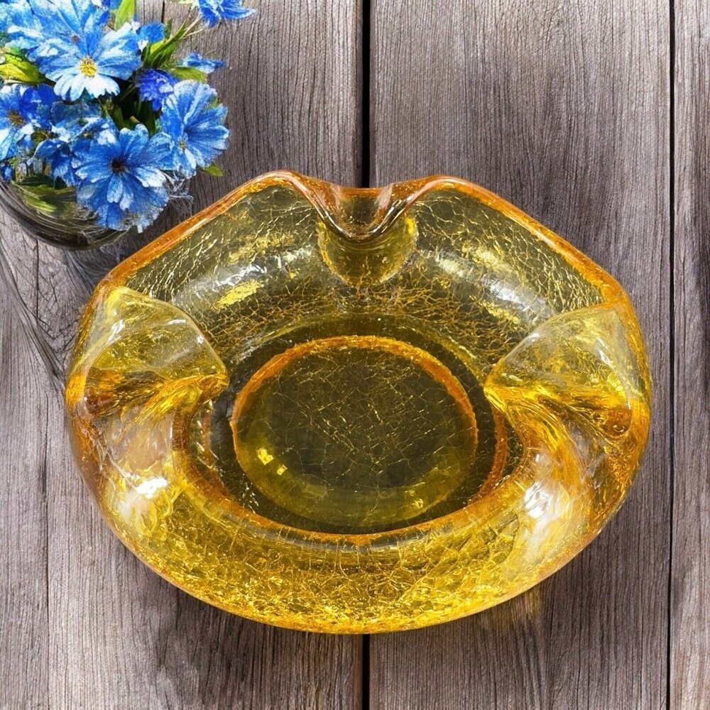 Vintage‎ Viking Glass Amber Crackle Glass Dish Bowl Ashtray Folded Edges VTG